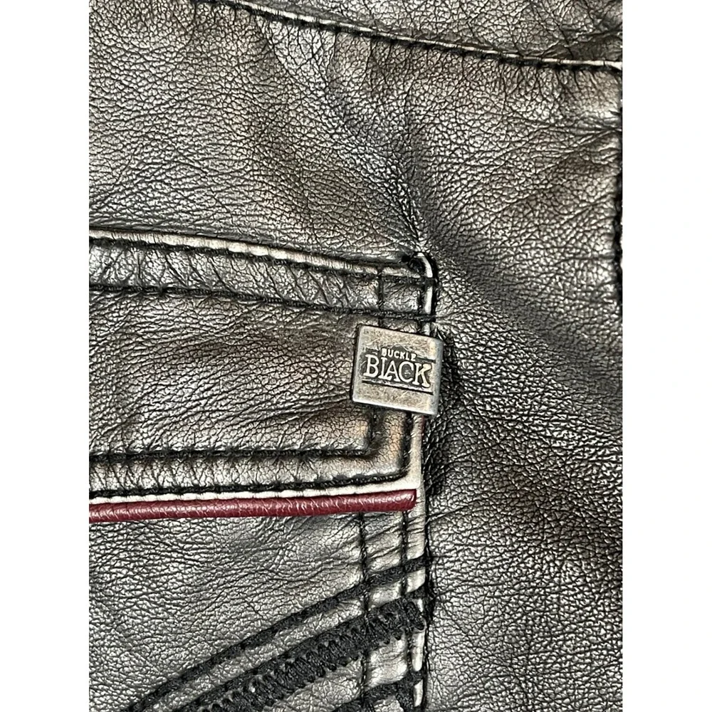 Buckle Black Mens Faux Leather Moto Racer Jacket Gray Burgundy Trim Medium